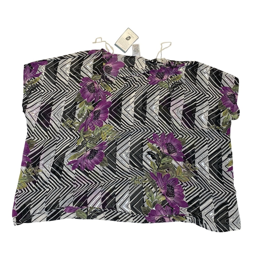 Jaclyn Smith Women's Plus 3X Sheer Blouse Black White Chevron Floral Overlay NWT